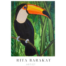 Load image into Gallery viewer, Are you talking to me is an original artwork of a toucan by Rita Barakat
