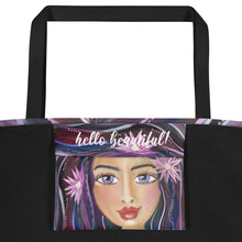 Load image into Gallery viewer, large tote featuring original art Beauty in the Night by Rita Barakat, this is the inside pocket