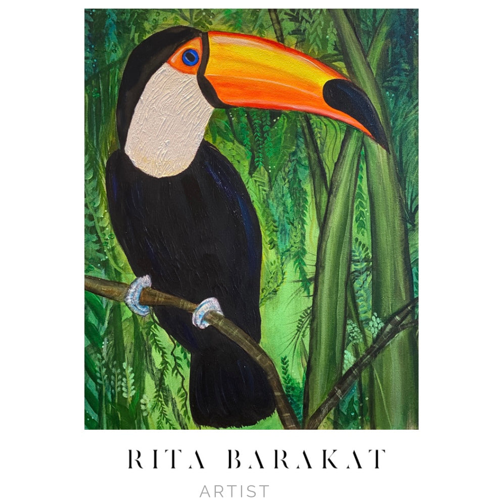 Are you talking to me is an original artwork of a toucan by Rita Barakat