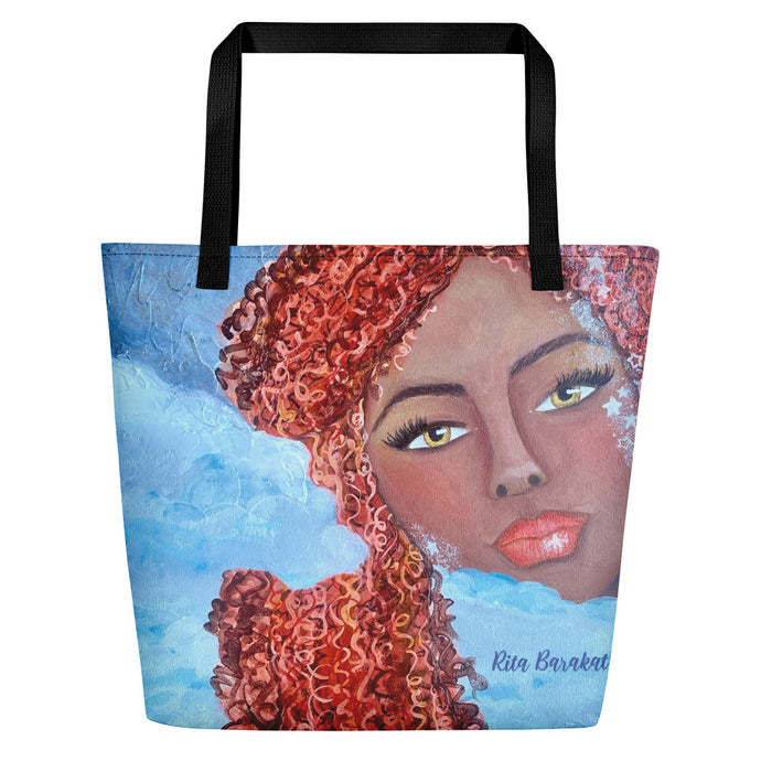 beach tote with original artwork If the stars were made to worship by Rita Barakat